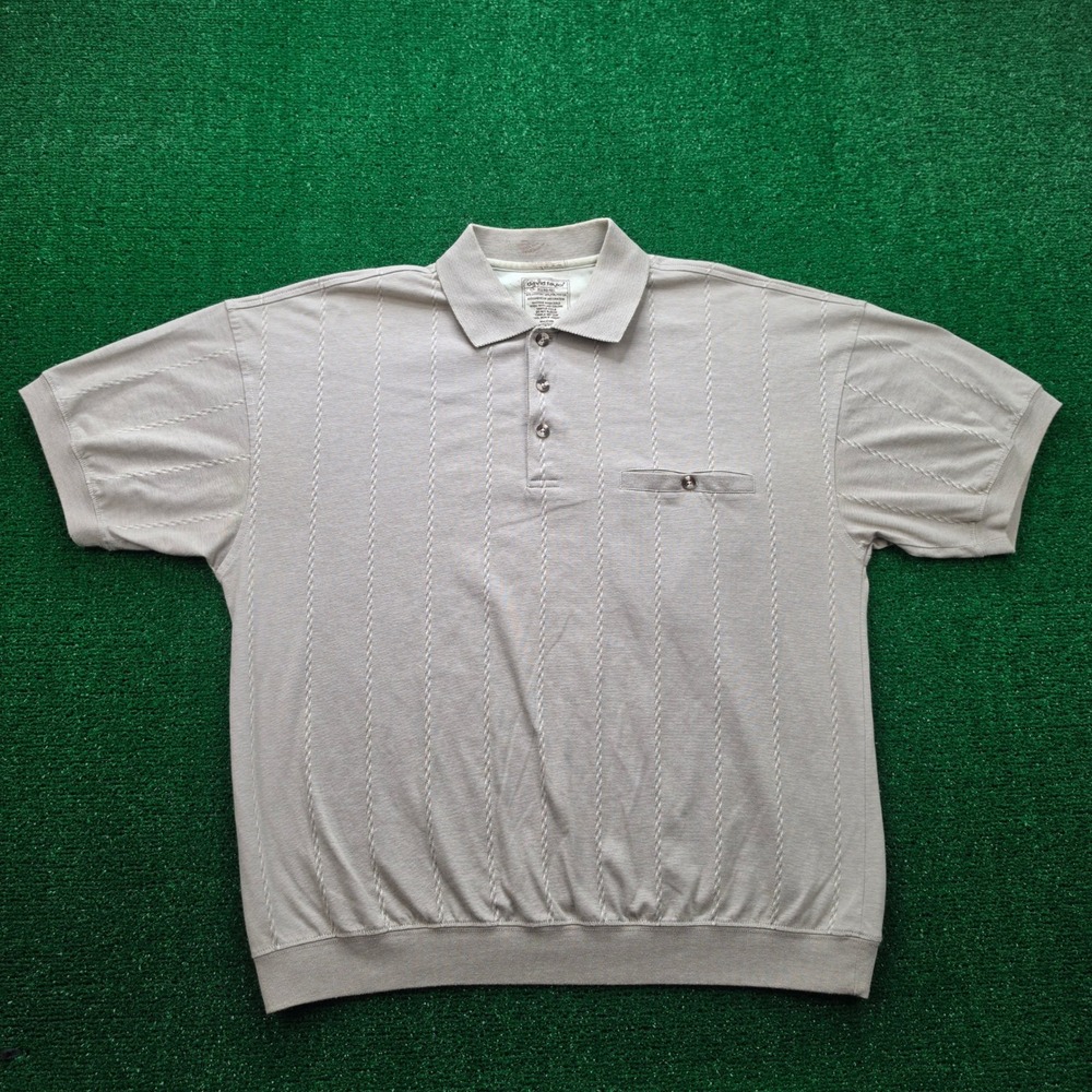 Vintage David Taylor Banded Bottom Polo Shirt Mens XL Beige Texture Cable Stripe